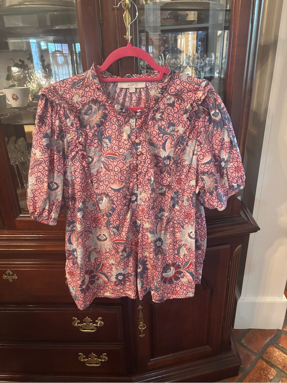 LOFT Pink Paisley Floral Button-Front Top